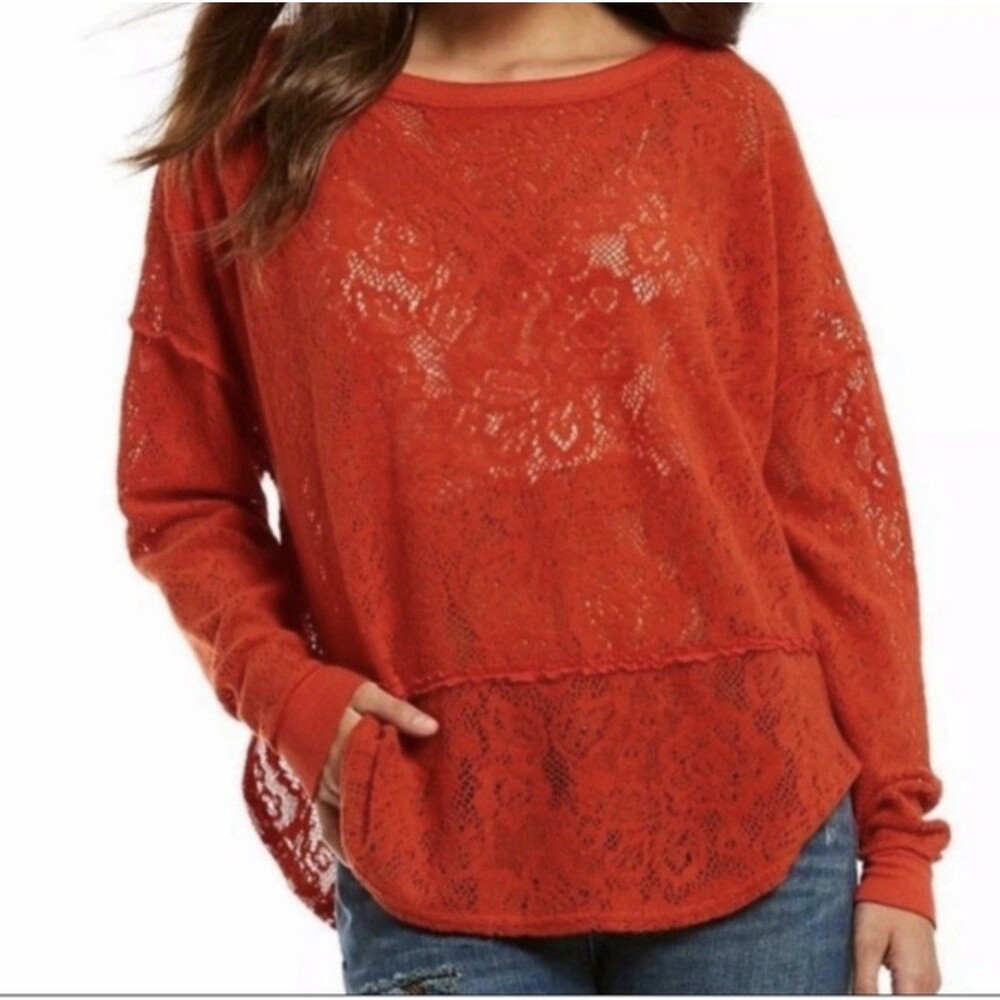 Free People Not Cold in This Lace Sweater Top Small Boxy Oversized Red Orange